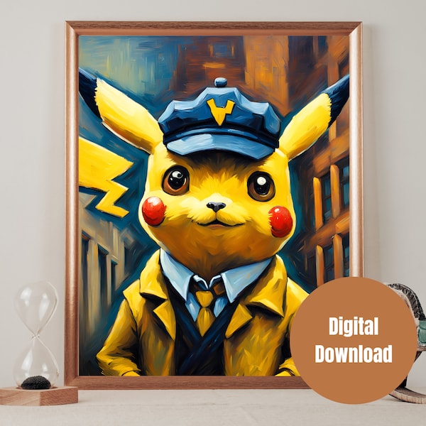 Detective Pikachu x Van Gogh, AI Generated Art, Unique Wall Decor, Perfect Gift for Pokémon Lovers