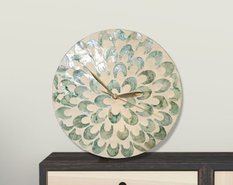 Seashell Mosaic Wall Clock | Modern Rustic Cottagecore Design | Minimalist Boho Home Decor | Golden Metal Hands | 12-Inch Unique Wall Art