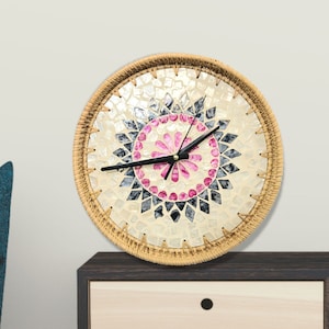 Large Wall Clock Unique - Rustic Cottagecore Clocks for Wall - Boho Wall Decor - House Warming Gift - Rattan, Shell, and Metal Pointer