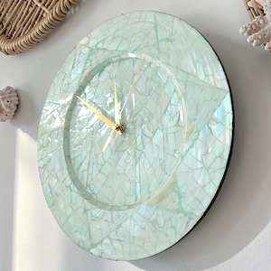 Handmade Mother of Pearl Wall Clock, Silent Non Ticking Coastal Decor, Large Modern Shell Clock, Beach House Wall Decor, Sage Green Clock
