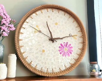 Maximalist Decor Wall Clock - Unique and Rustic Clocks for Wall - Cottagecore Design with Spring Sakura Flower, Rattan, Shell & Wooden Hands