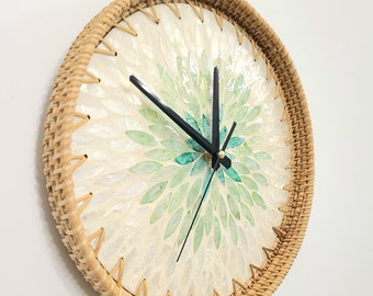 12 Inch Large Wall Clock Unique, Rustic Cottagecore Clocks for Wall, Minimalist Modern Home Decor, Green and White, Rattan and Shell