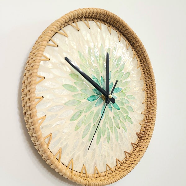 12 Inch Large Wall Clock Unique, Rustic Cottagecore Clocks for Wall, Minimalist Modern Home Decor, Green and White, Rattan and Shell