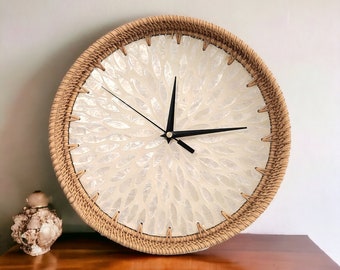 Maximalist Decor Wall Clock - Unique and Silent Clocks for Wall - Rustic Cottagecore Design with Leaf Texture, Rattan, Shell & Metal Pointer