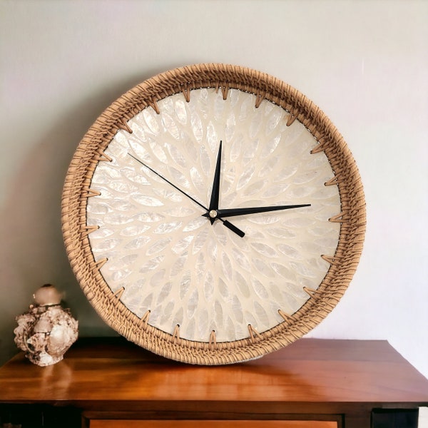 Maximalist Decor Wall Clock - Unique and Silent Clocks for Wall - Rustic Cottagecore Design with Leaf Texture, Rattan, Shell & Metal Pointer