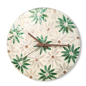 Large Wall Clock Unique, Modern Silent Clocks for Wall, Flowers Minimalist Home Decor, Sea Shell and Black Walnut Hands, House Warming Gift