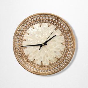 Boho Art Wall Clock Unique, Rustic Cottagecore Clocks for Wall, Minimalist Modern Home Decor, White 9.2 Inch, Rattan and Shell