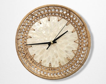 Boho Art Wall Clock Unique, Rustic Cottagecore Clocks for Wall, Minimalist Modern Home Decor, White 9.2 Inch, Rattan and Shell