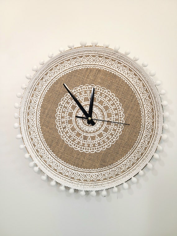 Boho Art Large Wall Clock Unique, Rustic Cottagecore Clocks for Wall, Minimalist Modern Home Decor, White 14 Inch, Linen weaving