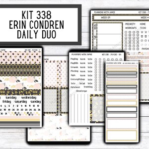 May include: A planner sticker kit with a black, gold, and pink color scheme. The kit includes a variety of stickers, including a calendar, daily boxes, and to-do lists. The kit is designed for use with the Erin Condren planner.