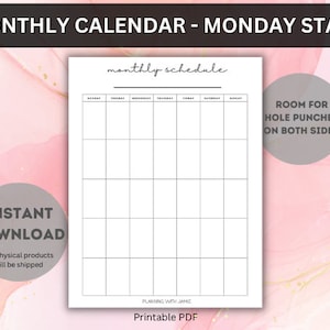 Blank Monthly Calendar - Monday Start | Blank Month Printable | Monday Start | Month Printable | Planner Printable