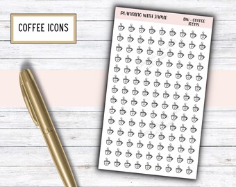 Può includere: Un foglio di adesivi per tazze da caffè in bianco e nero con il testo "Planning with Jamie" e "BW - Coffee Icons" in alto.