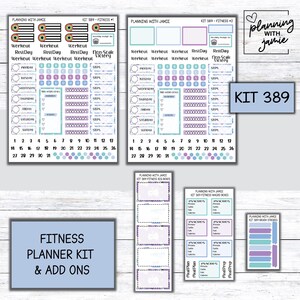 May include: A fitness planner kit with add-ons, featuring stickers and templates for workout tracking, rest days, and meal planning. The kit includes various sticker sheets with colorful designs and the text "Workout", "Rest Day", and "Steps".