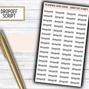 May include: A sheet of white paper with the words "Planning with Jamie" and "Drop Off Script" printed at the top. The sheet is filled with the word "Drop Off" repeated multiple times in a handwritten font.
