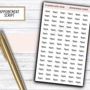 May include: A sheet of printable planner stickers with the text "Planning with Jamie" and "Appointment Script". The sheet contains 60 stickers with the word "Appt." written in cursive.