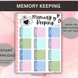 Könnte beinhalten: Druckbarer Memory Keeping-Planer mit einem Kamera- und Herzdesign. Der Planer ist in 12 monatliche Abschnitte unterteilt, mit Platz für Notizen und Erinnerungen. Der Planer ist für 2023 konzipiert.