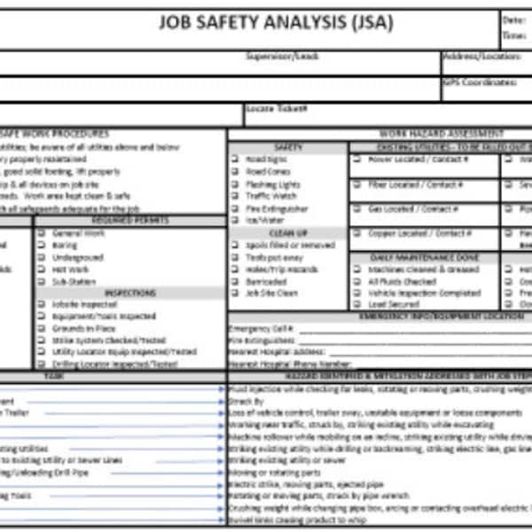Digital JHA / JSA Underground Directional Boring | Construction | OSHA Required Job Safety Hazard Analysis | Customize | Checklist | Form