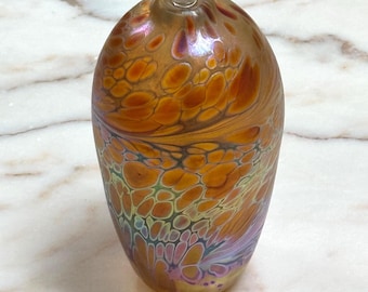 Farol de mecha de cristal artístico Brian Mayturn de 1984 – Patrón de celdas iridiscentes de 25 cm – Lámpara de aceite soplada a mano – Decoración de vidrio de estudio vintage