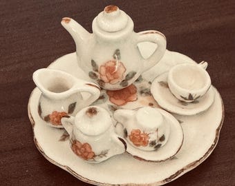 Tiny Ceramic Tea Set, Miniature Floral Dollhouse Set, Made in Thailand