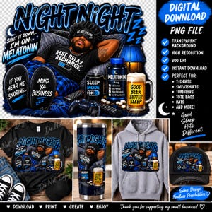 Peut inclure: Un design graphique numérique montrant une personne portant un masque de sommeil et un t-shirt avec le texte 'REST. RELAX. RECHARGE.' avec un flacon de mélatonine, une chope de bière 'GOOD BEER BETTER SLEEP' et une manette de jeu sur un lit.