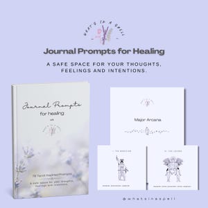 May include: A white journal titled "Journal Prompts for Healing" with lavender accents and the text "78 Tarot Inspired Prompts." Beside it are Major Arcana cards with illustrations and text. The image includes the text "WHAT'S IN A SPELL."