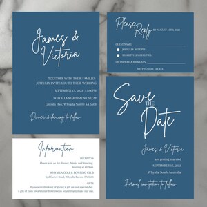 Invitaciones de boda minimalistas en azul y blanco. Invitaciones de boda modernas. Completamente editables e imprimibles. Descarga instantánea.