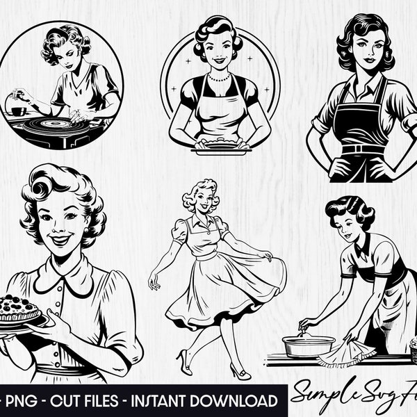 Retro Women SVG Bundle, Retro Housewife SVG PNG, 60s 50s, Retro png, Clipart for Funny Quotes, Cricut Cut Files, Tshirt Sublimation Designs