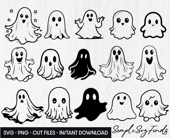 Ghost Outline Svg Clipart Bundle, Cute Spooky Season Svg Halloween ...