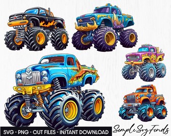 Bundle Monster Truck Png, Clipart, 5 fichiers PNG 300 DPI, Monster Truck Sublimation Design, véhicule extrême, téléchargement numérique