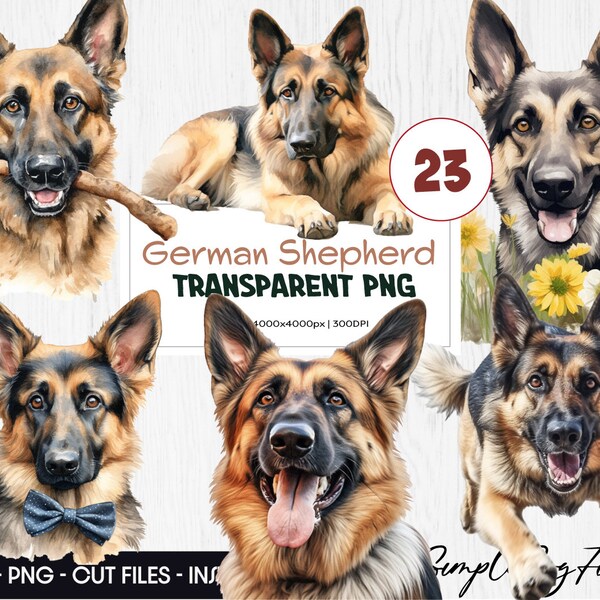 Watercolor German Shepherd PNG Bundle, Digital Crafts Designs Transparent, Dog Clipart, Cute German Shepherd Clipart, Commercial Use