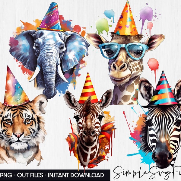 Party animal clipart, watercolor birthday animals png, safari animals clipart