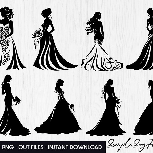 Bride silhouette svg bundle, png princess wedding dress bridal svg marriage cut files for cricut and silhouette