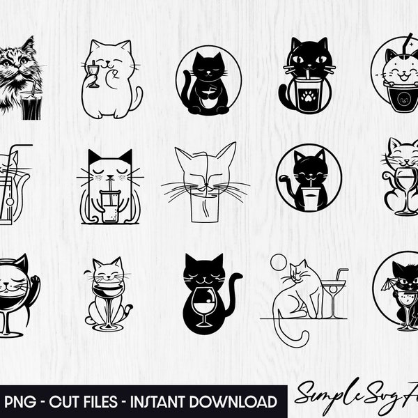 Drinking Cat SVG, Wine cocktail glasses png funny Cat clipart, Cat cut file, shirt cut files for cricut and silhouette