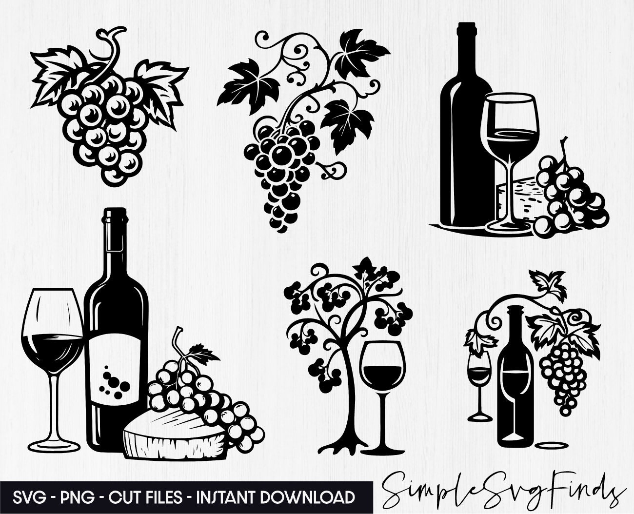 Wine Svg Bundle, Grape Vine Svg, Png Wine Bottle and Glass Svg