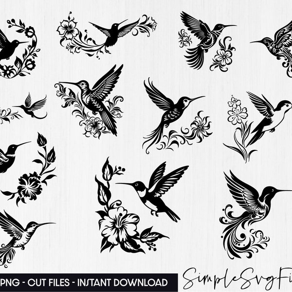 Colibri svg bundle, png fleurs décalcomanie colibri nature clipart chemise fichiers coupés pour cricut et silhouette