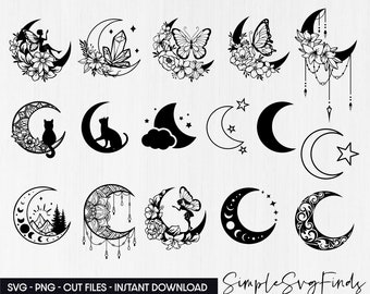 Crescent Moon SVG, Floral Bundle Crescent Moon SVG, Celestial Moon Svg, Moon Phases Svg, Lotus Moon SVG, Moon Mandala Svg, Moon Floral Svg