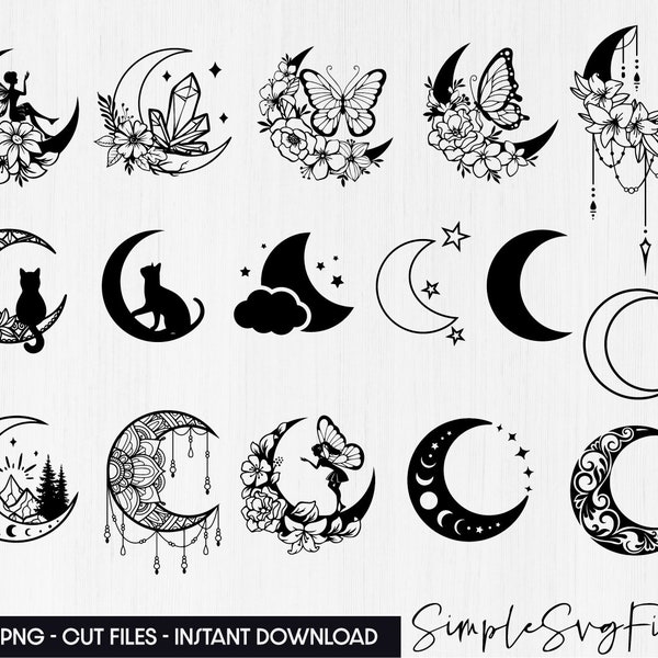 Crescent Moon SVG, Floral Bundle Crescent Moon SVG, Celestial Moon Svg, Moon Phases Svg, Lotus Moon SVG, Moon Mandala Svg, Moon Floral Svg