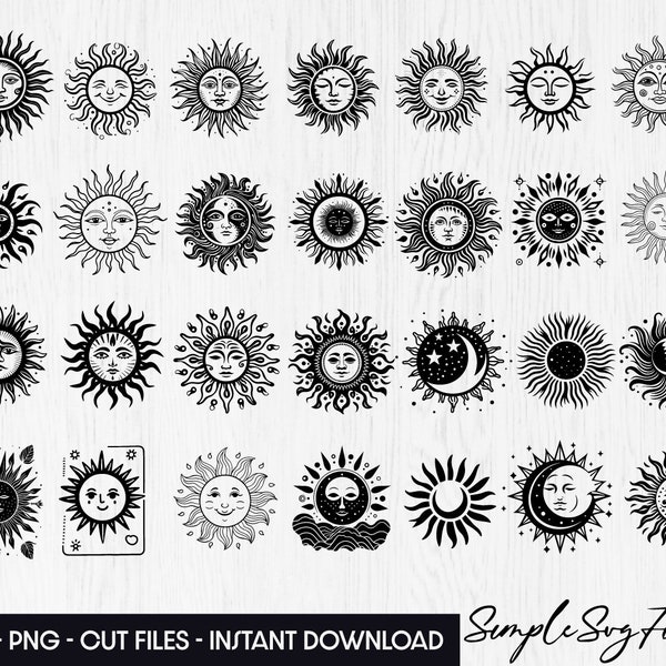 Mystical Sun Svg Celestial boho png clipart | Magic sun face clip art Bundle shirt cut files for cricut and silhouette