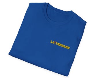 Gekozen Rozen-T-shirt | La Terrace gotische gele letters, afbeelding rode roos