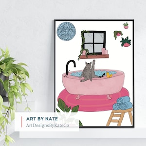 Katze auf Badewanne Digital Download | Hellrosa, Blau & Hot Pink Dekor | Niedliches Ästhetisches Badezimmer Dekor