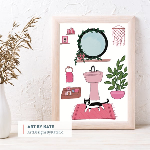 Cat in Bathroom Digital Download | Light Pink, Blue, & Hot Pink Decor | Cute Aesthetic Bathroom Decor