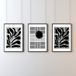 Abstract Pickleball Court Shapes: Poster Print Set of 3, Mid Century Modern Wall Art Print Set, Gray and Black
