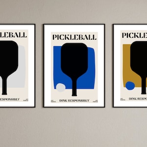 Pickleball Paddle Wall Art Poster Print Set of 3, Mid-Century Modern Wall Art Prints, Pickleball Gift, Pickleball Decor, Black, Grey, Blue