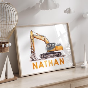 Personalised Construction Vehicle Print, Construction Vehicle Decor, Boy Room Wall Art, Custom Name Playroom Truck, Excavator Wall Art