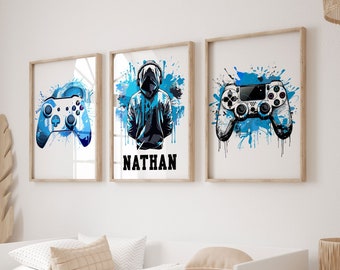 Personalisierte Gaming-Drucke, 3er-Set Gaming-Dekor, Gaming-Wandkunst, Jugendzimmerdrucke, Jungen-Schlafzimmerdekor, Spielzimmerdekor, Videospieldruck