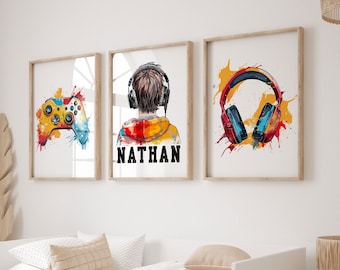 Personalized Gaming Prints, Set of 3 Games Room Wall Art, Boys Bedroom Decor, Video Game Poster, Gamer Gift, Boys Room Gaming Decor Gift Boy