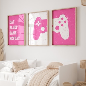 Láminas de arte de pared de juegos para niñas, láminas de juegos en rosa intenso, decoración de dormitorio de niñas, decoración de dormitorio de niños, decoración de sala de juegos, póster de videojuegos