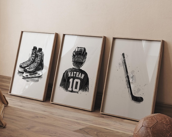 Personalized Hockey Prints, Set of 3 Hockey Posters, Custom Hockey Wall Art, Hockey Gift for Boys Room Decor, Hockey Art, Gift for Him