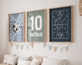 Soccer Wall Art, Soccer Prints, Set of 3 Football Prints, Soccer Custom Name Jersey, Boys Room Decor, Boys Bedroom Decor, Sports Nursery Art