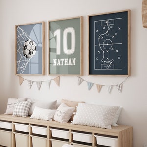 Fußball Wandkunst, Fußball-Drucke, 3er-Set Fußball-Drucke, Fußball-Jersey, Jungen-Dekor, Jungen-Schlafzimmer-Dekor, Sport-Kinderzimmer-Kunst